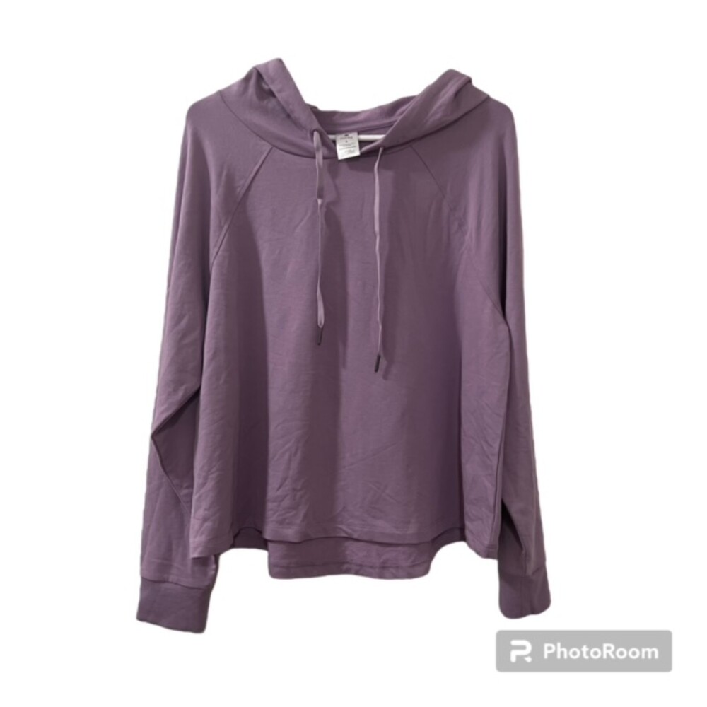French Terry Womens Purple High Low Drawstring Hoodie Long Sleeve Sweater Sz L